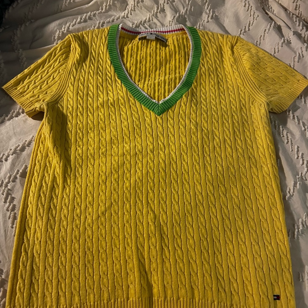Tommy Hilfiger Yellow Cable Knit Sweater with Green Trim